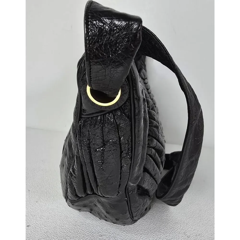 Vintage Judith Leiber Black Ostrich Leather Shoulder Bag Handbag Crescent Shape